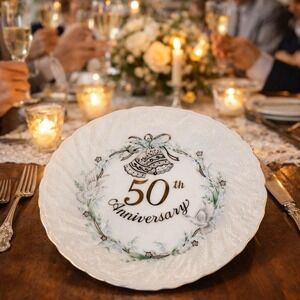 Vintage Lefton 50th Anniversary Plate Gold Trim Wedding Bells 9" Japan‎ 1983